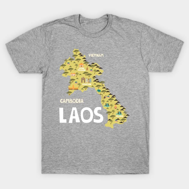 Laos Illustrated Map T-Shirt by JunkyDotCom